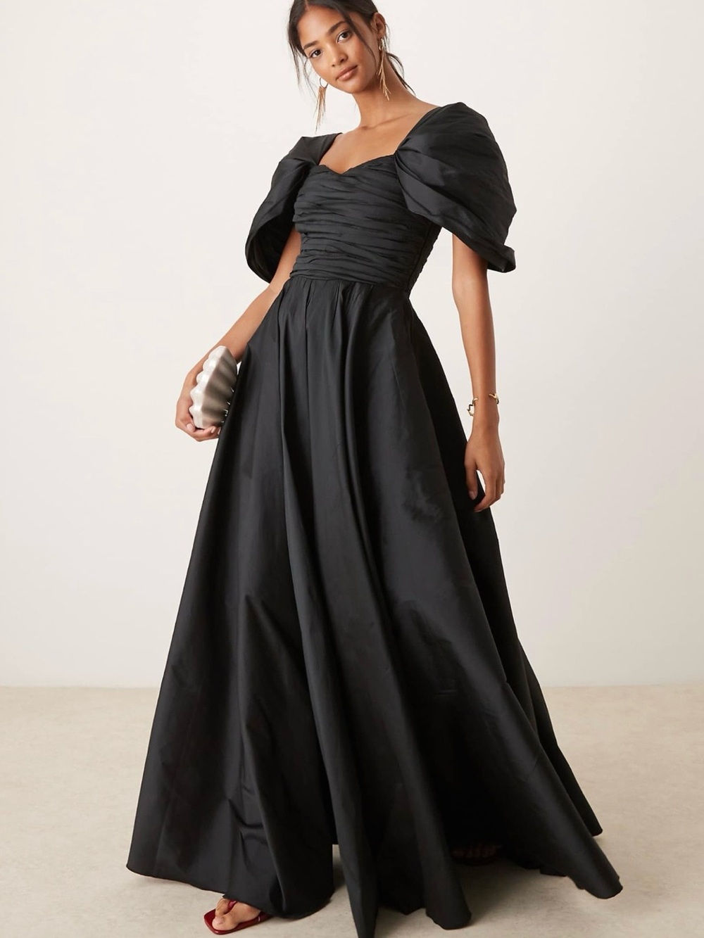 Black Puff-Sleeve Ruched Bodice Maxi Gown